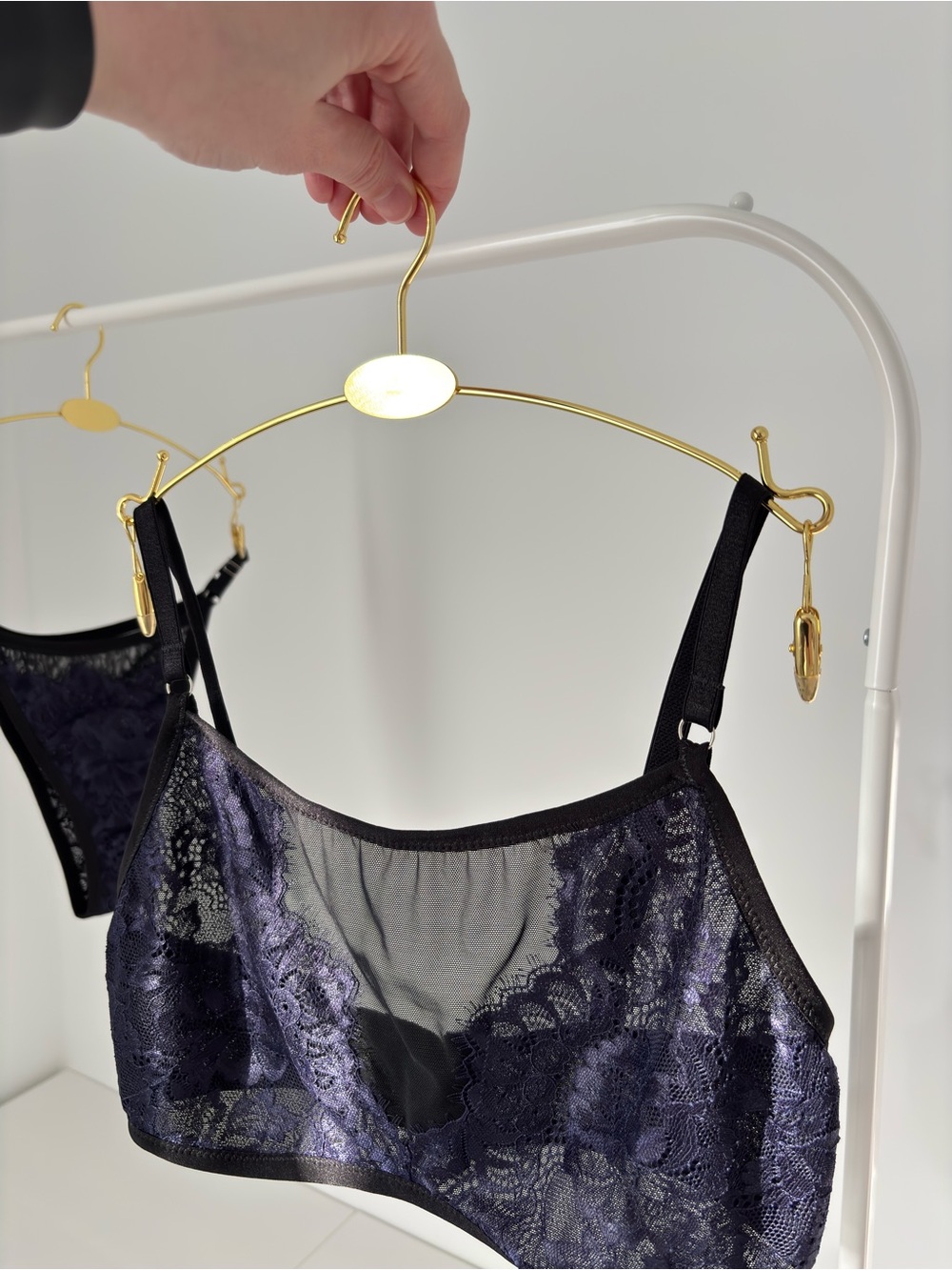 Blue Lace & Black Mesh Bralette & Strapped Bikini Panties • Lingerie Set - Picture 5 of 6